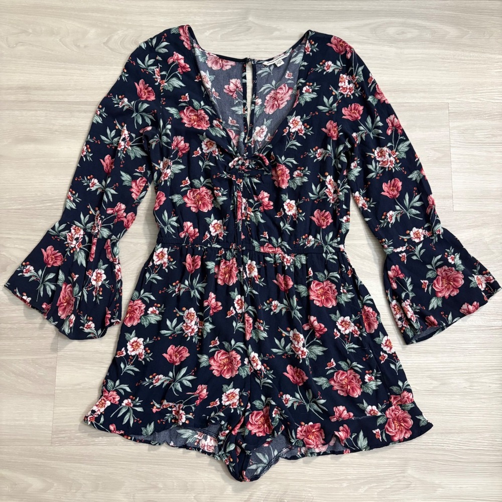 American Eagle Floral Romper Women Navy Pink Bell Sleeve V-Neck Tie Front Size L